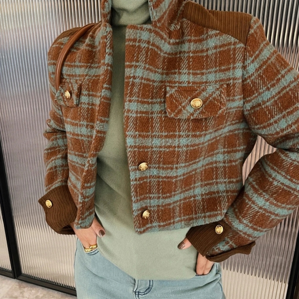 Plaid Tweed Jackets Coat Woman Clothing - Picture 2 of 7